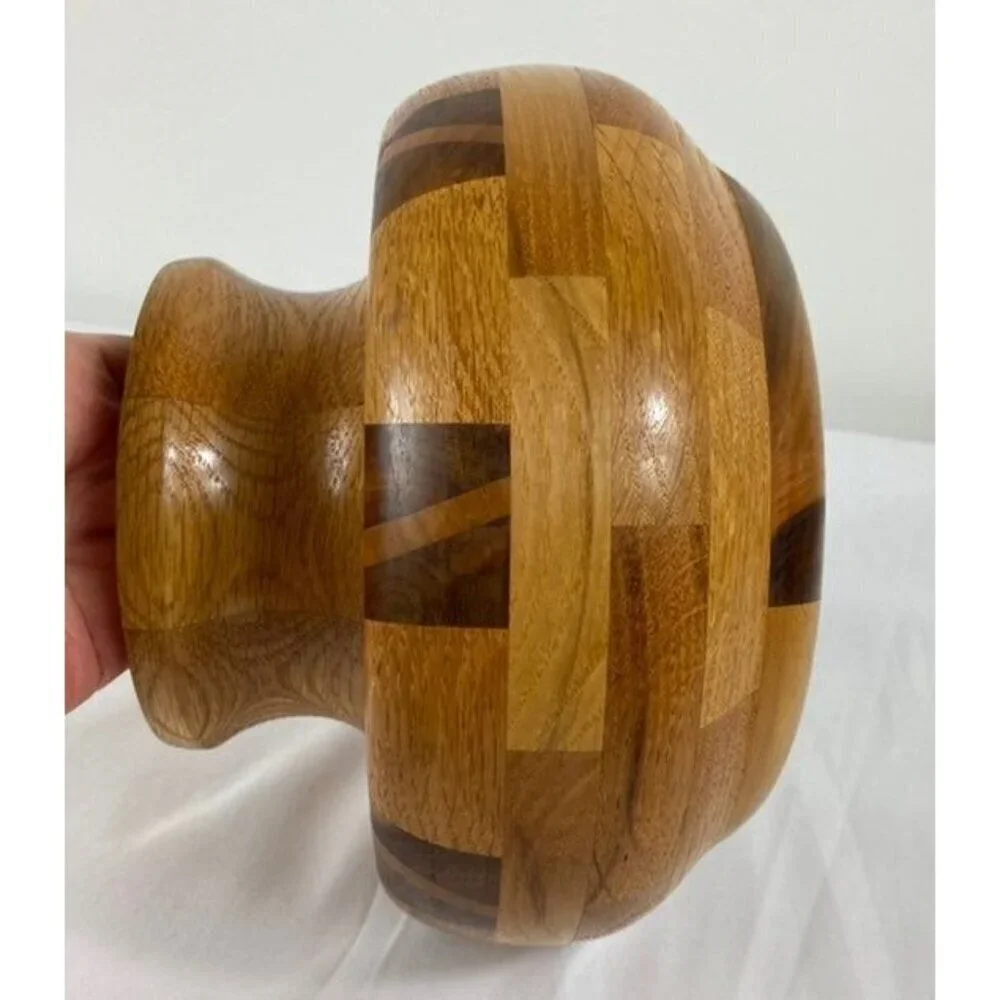 Vintage Mid Century Handcrafted Segmented Turned Wood Vase 6 x 9